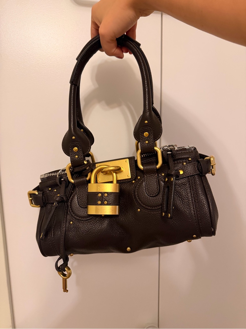 Dark Brown Leather Satchel Handbag with Gold Hardware